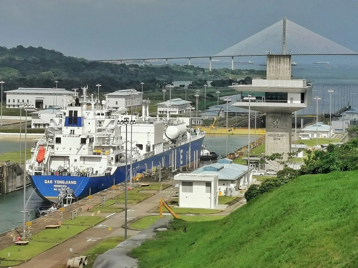 A large ship transiting a lock chamber on the Panama Canal
