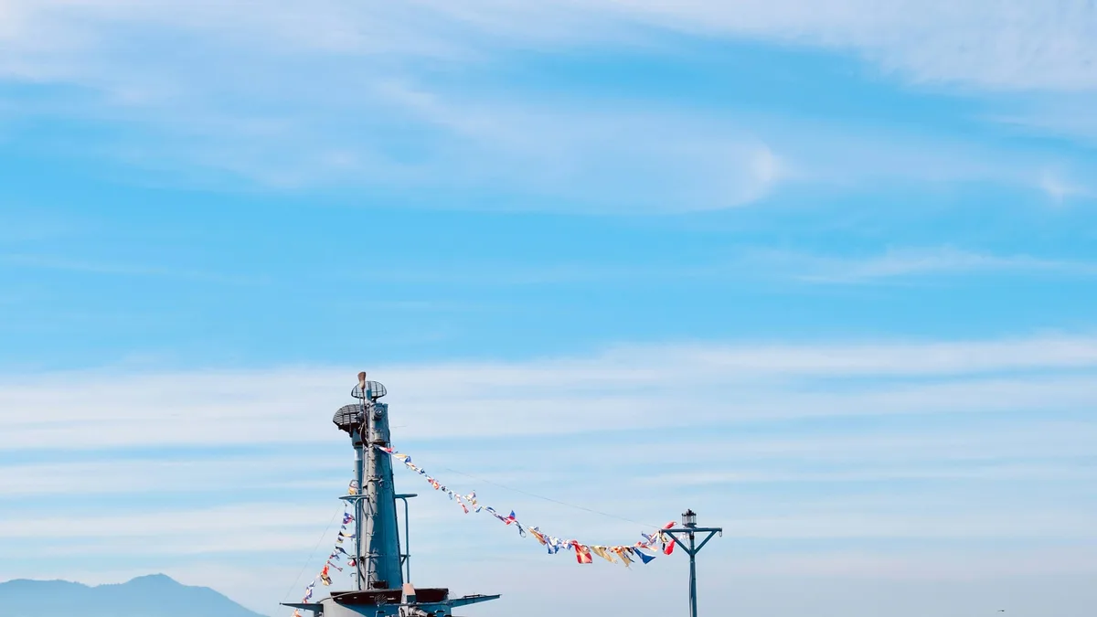 A historic submarine on display as a museum exhibit