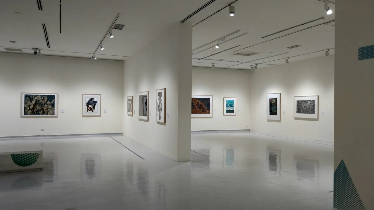 Paintings displayed on the walls of a bright art gallery