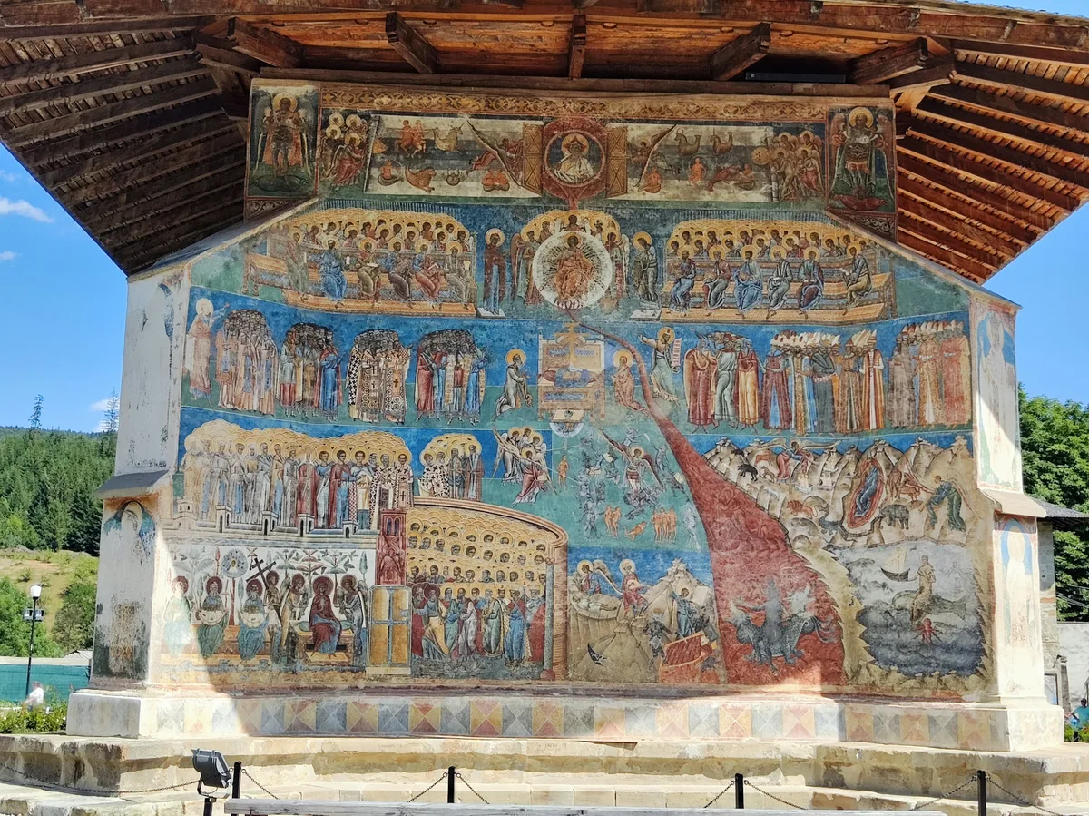 The blue exterior frescoes of Voroneț Monastery in Bucovina, Romania