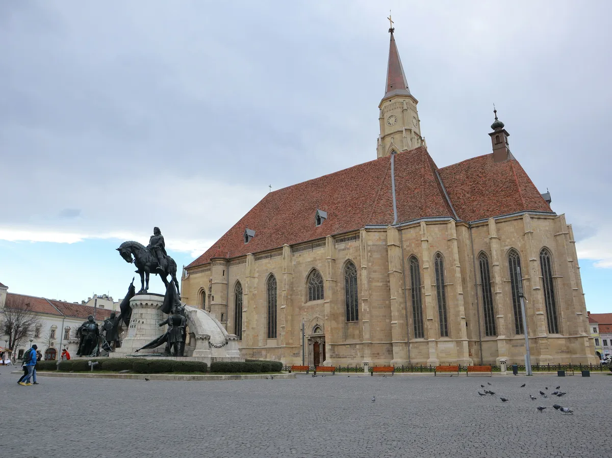 The equestrian statue of Matthias Corvinus in front of St. Michael's Church, Cluj-Napoca, Romania