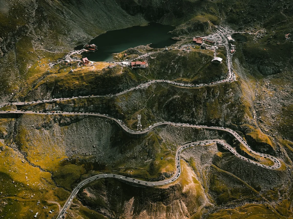 The Transfăgărășan mountain road winding through the Carpathians, Romania