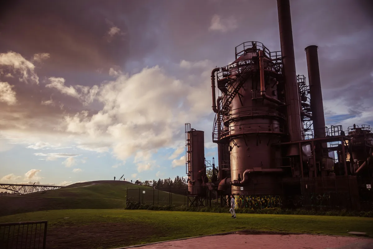 The historic Gas Works Park industrial structures on the shore of Lake Union, Seattle