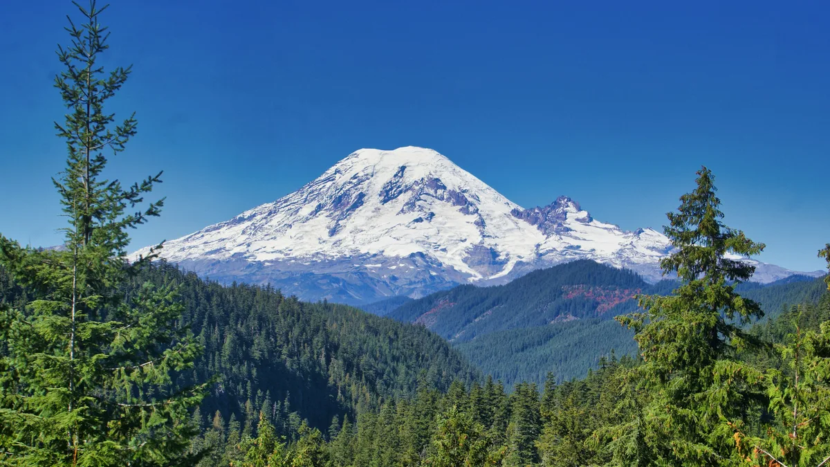 A snow-capped mountain peak rising above a forested valley