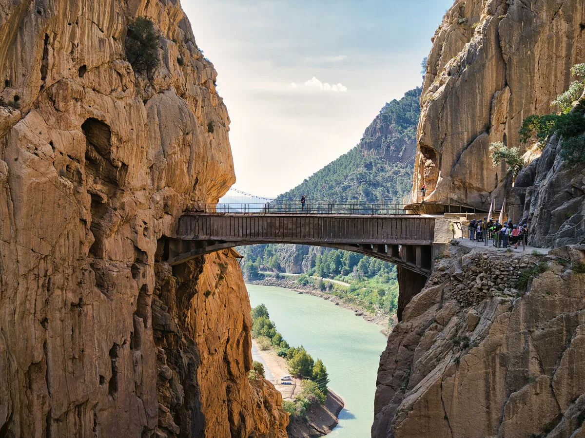 The suspended walkway of El Caminito del Rey gorge trail near Málaga, Spain