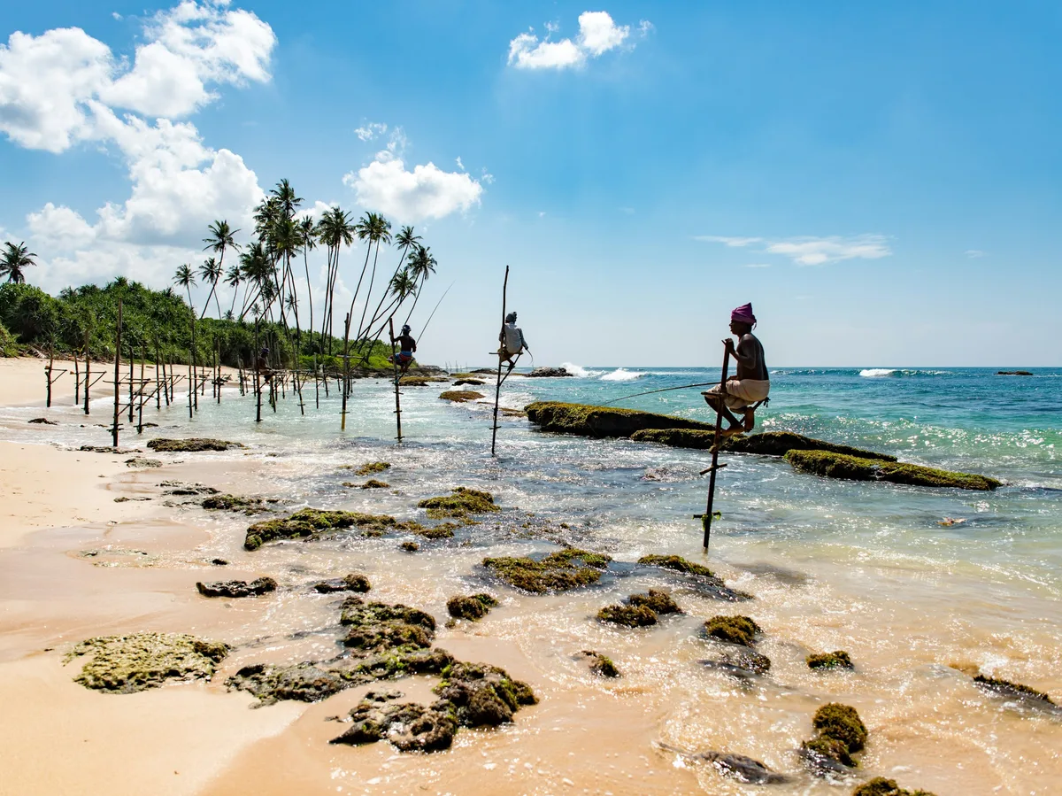 Traditional stilt fishermen in the shallow coastal waters of southern Sri Lanka