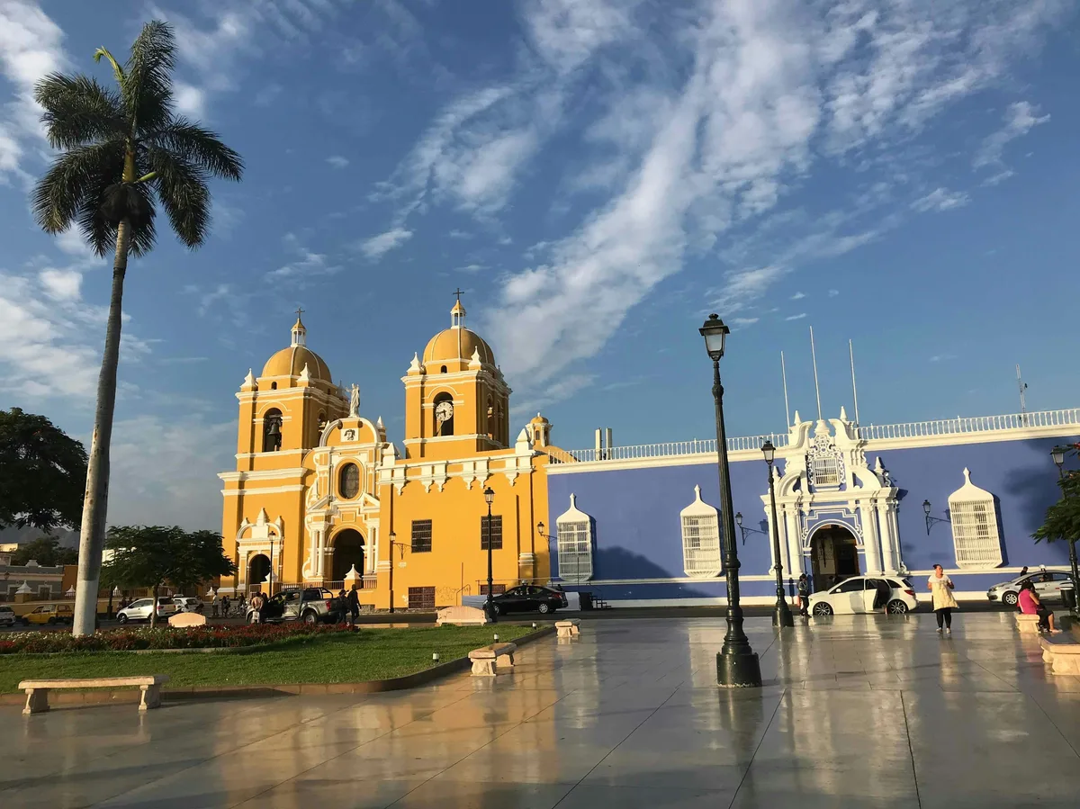 A colorful colonial building on the main square of Trujillo, northern Peru