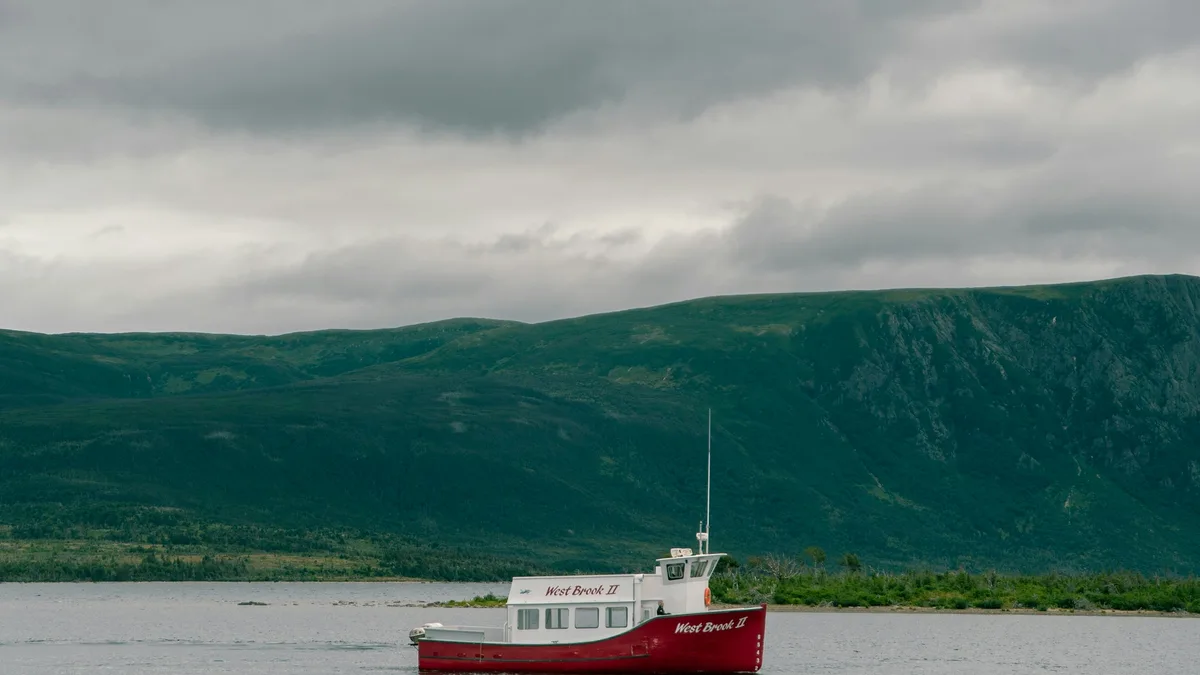 A boat resting on the calm waters of a fjord surrounded by forested mountains