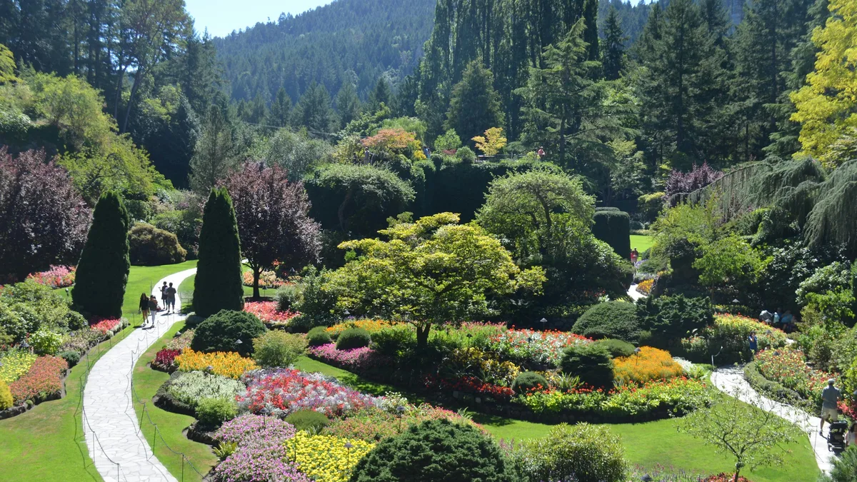 Colorful flower gardens with manicured pathways