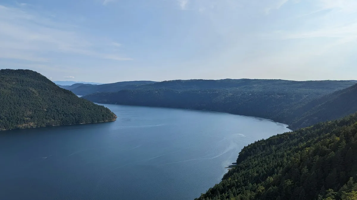 The forested Saanich Inlet coastline as seen from the Malahat SkyWalk observation tower