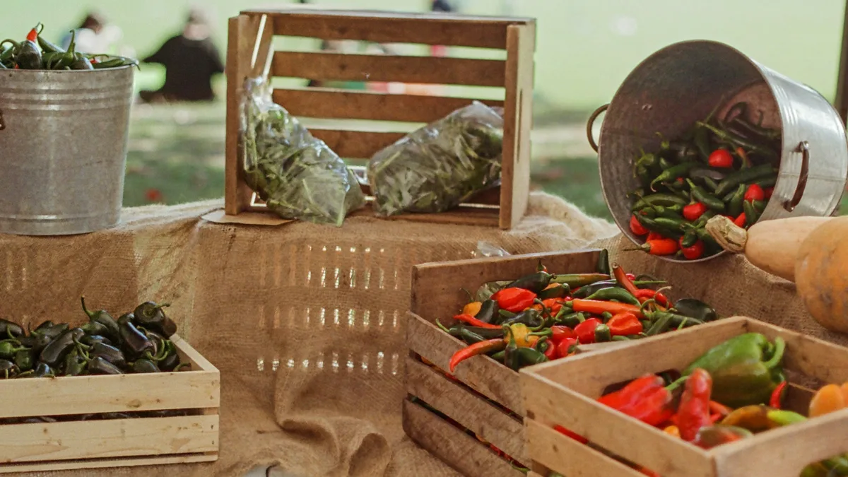 Crates of colorful fresh peppers and produce at an outdoor farmers market stall