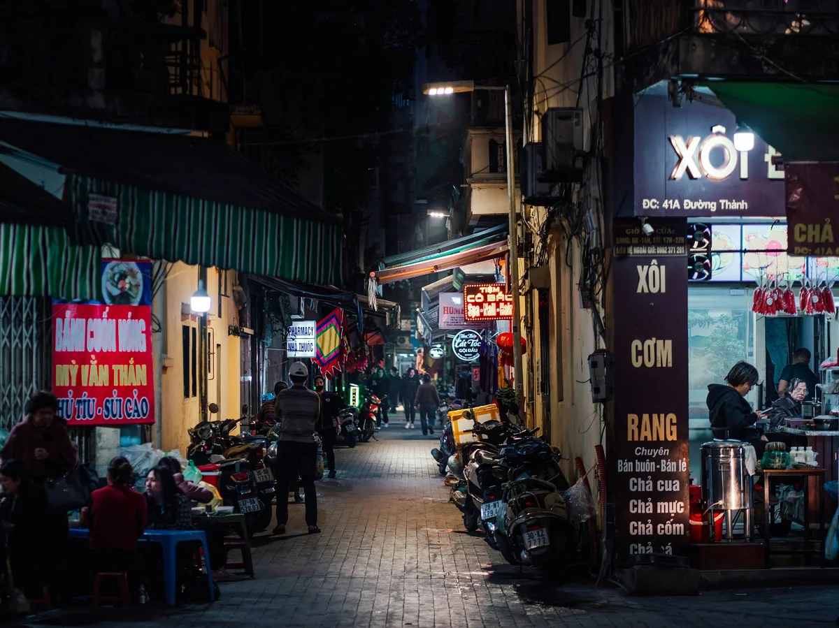 A lantern-lit street in Hanoi's Old Quarter, Vietnam