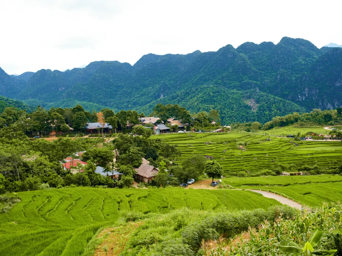 A village of thatched-roof houses among the rice terraces of Pu Luong, Vietnam